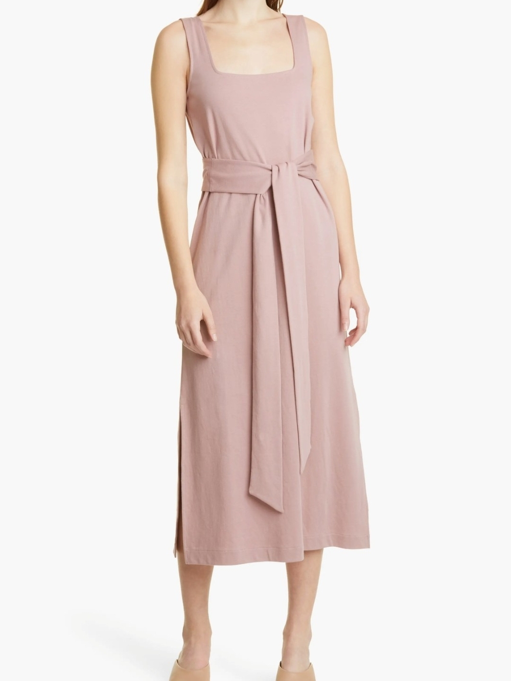 Vince Dusty Rose Sleeveless Square-Neck Midi Dress with Tie Waist, Pima Cotton